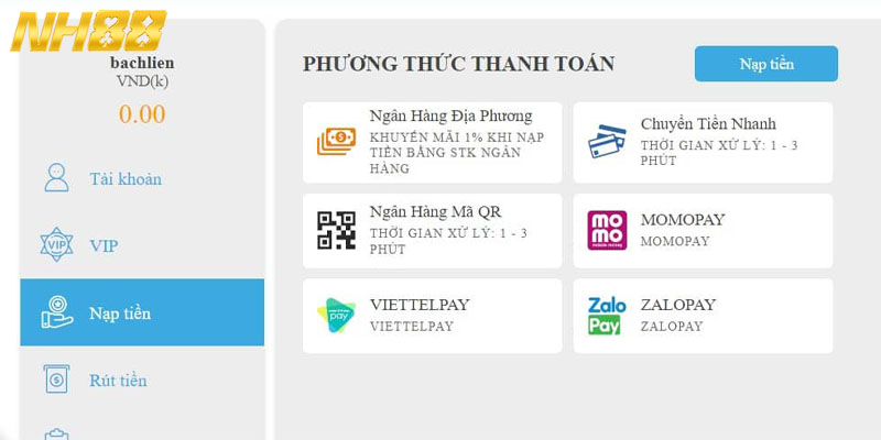 Nạp tiền siêu dễ dàng với phương thức linh hoạt 